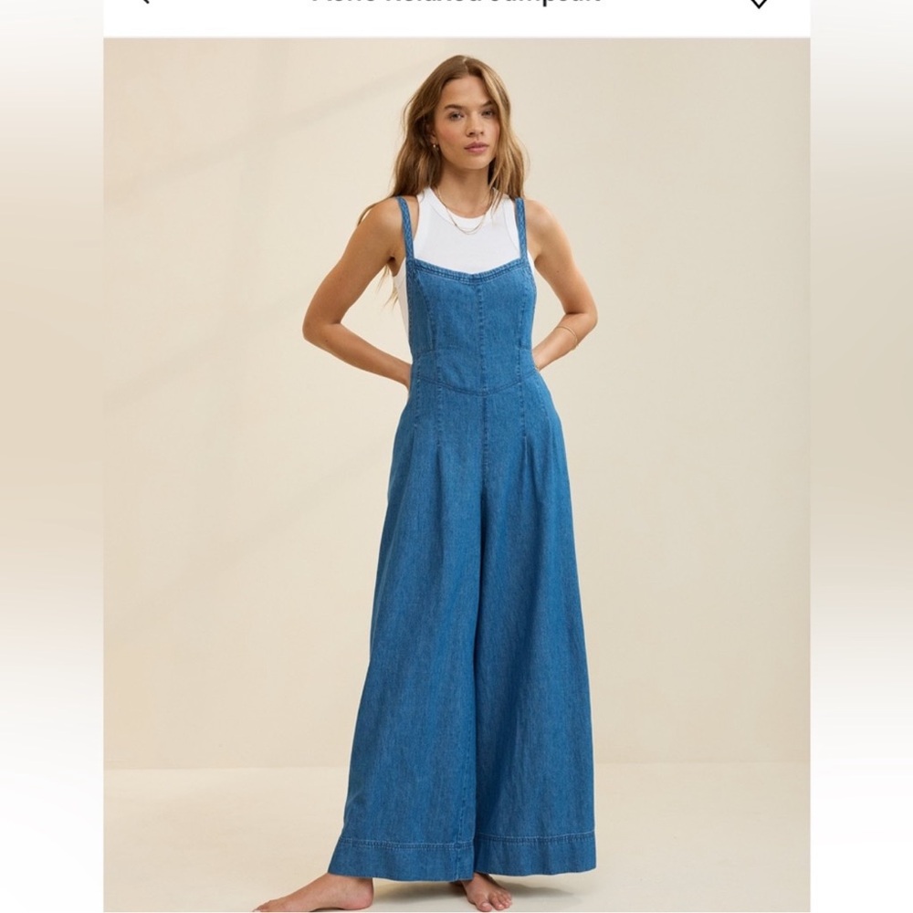 aerie Blue Denim Wide-Leg Jumpsuit